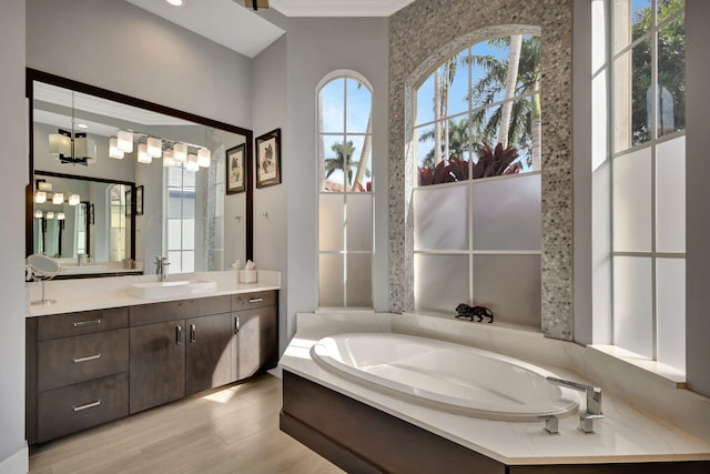 bathroom with hardwood / wood-style floors, vanity, a bath, and a notable chandelier