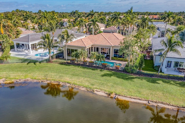 birds eye view of property featuring a water view