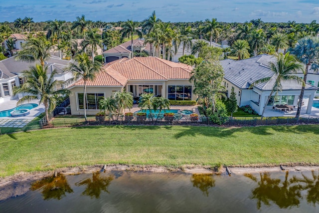 aerial view featuring a water view