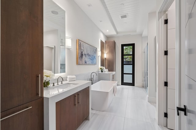 321 NW 7th St, Delray Beach, FL 33444 - full bath featuring vanity, a freestanding bath, a stall shower, tile patterned floors, and wooden ceiling