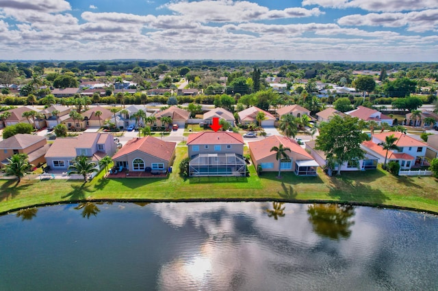 drone / aerial view featuring a water view