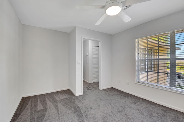 unfurnished bedroom featuring carpet flooring and ceiling fan