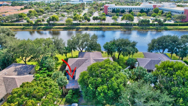 drone / aerial view with a water view