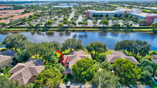 bird's eye view with a water view