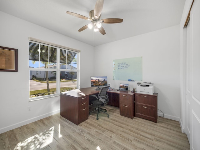 office area with ceiling fan and light wood-type flooring