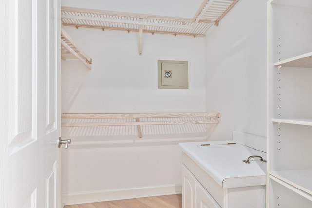 bathroom with wood-type flooring