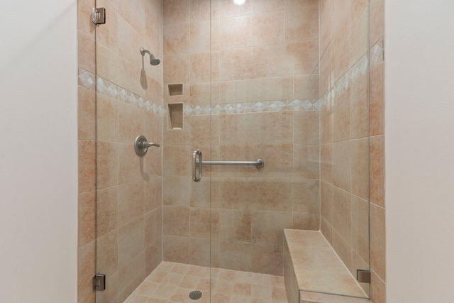 bathroom featuring a shower with shower door