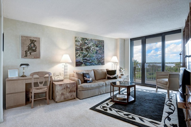 living room featuring carpet, a textured ceiling, and expansive windows