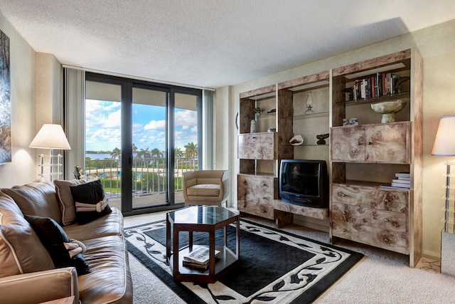 living room featuring floor to ceiling windows, carpet, and a textured ceiling