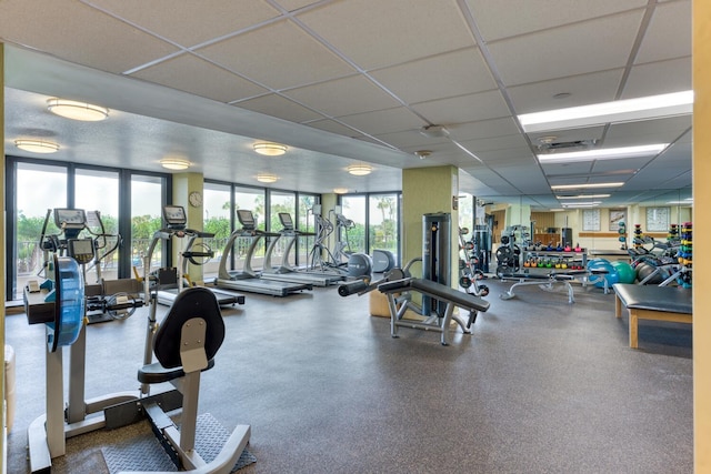 exercise room with a drop ceiling and a healthy amount of sunlight