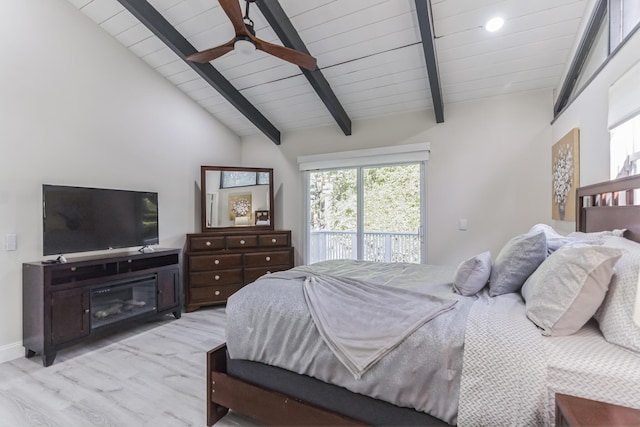 bedroom with light wood-type flooring, lofted ceiling with beams, access to outside, and ceiling fan