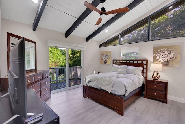 bedroom with access to exterior, vaulted ceiling with beams, light wood-type flooring, and ceiling fan