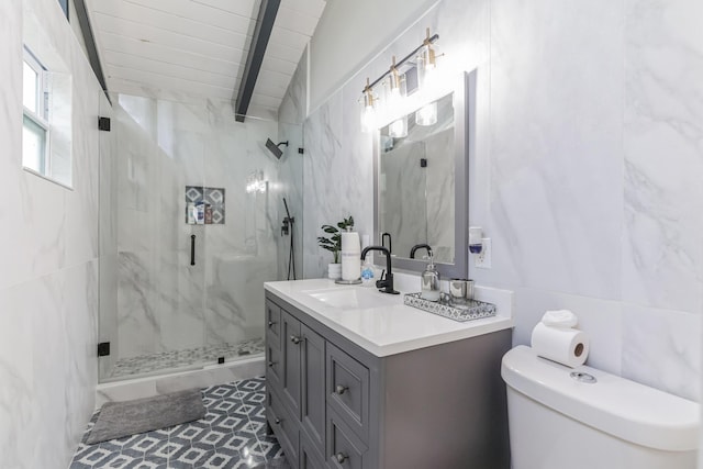 bathroom with vaulted ceiling with beams, toilet, a shower with shower door, and vanity