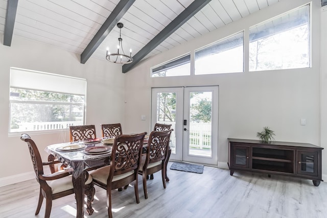 dining room with french doors, wooden ceiling, lofted ceiling with beams, a notable chandelier, and light wood-type flooring