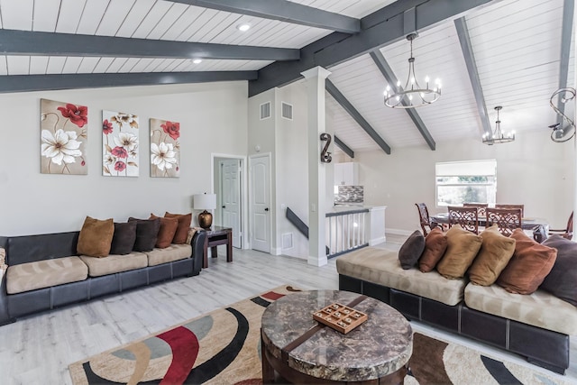 living room featuring a chandelier, light wood-type flooring, lofted ceiling with beams, and wooden ceiling