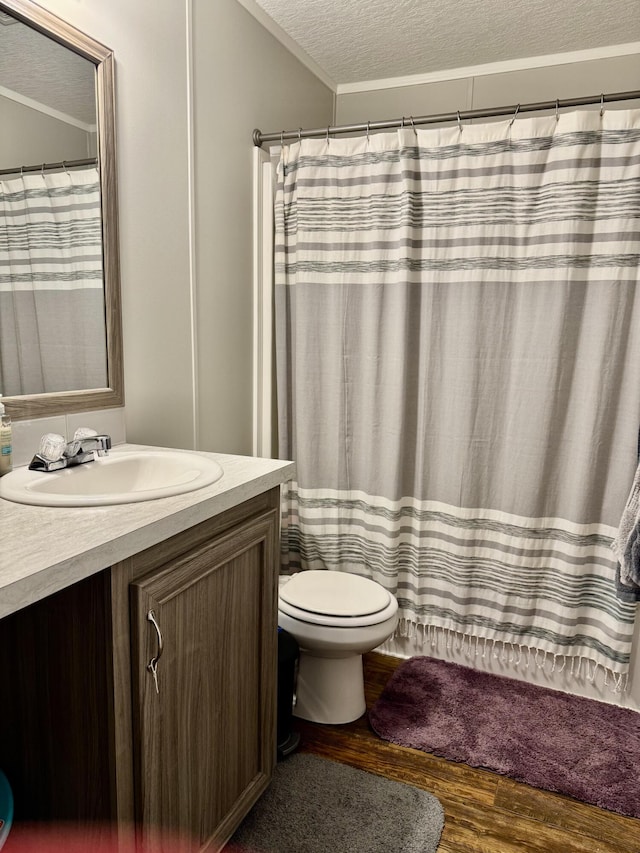 bathroom featuring vanity, hardwood / wood-style floors, a textured ceiling, and toilet