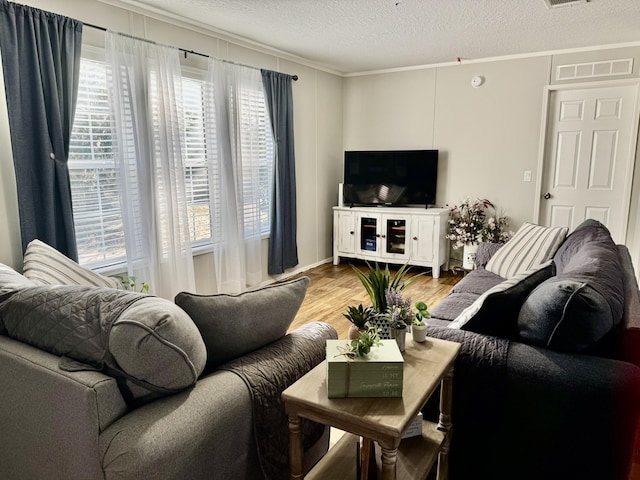 living room featuring hardwood / wood-style flooring, a healthy amount of sunlight, a textured ceiling, and ornamental molding