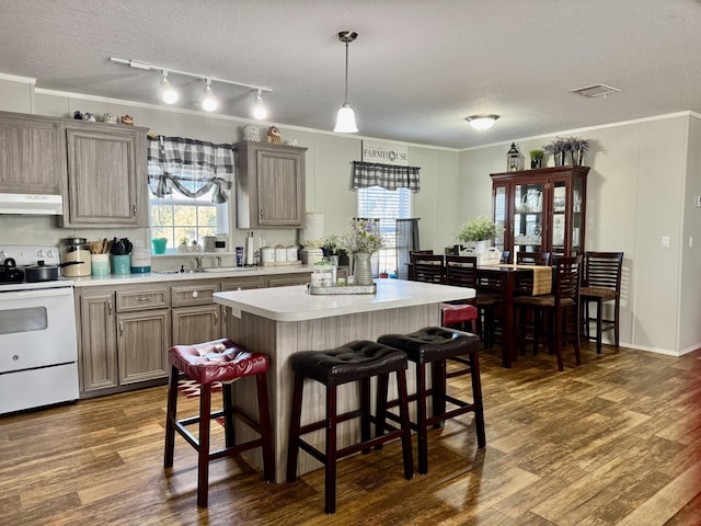 kitchen with ornamental molding, white electric range oven, exhaust hood, decorative light fixtures, and dark hardwood / wood-style floors