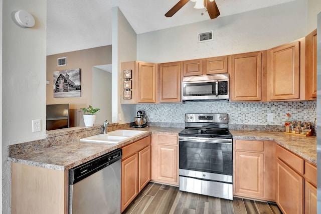 kitchen with sink, ceiling fan, tasteful backsplash, dark hardwood / wood-style flooring, and stainless steel appliances