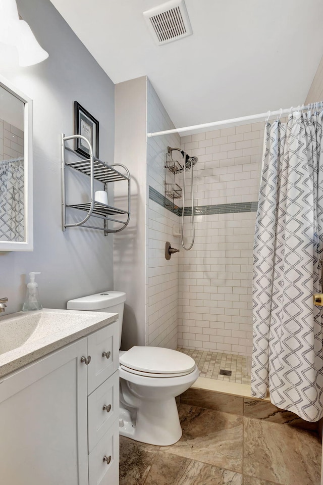 bathroom featuring toilet, vanity, and walk in shower