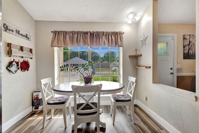 dining room featuring a textured ceiling and hardwood / wood-style flooring