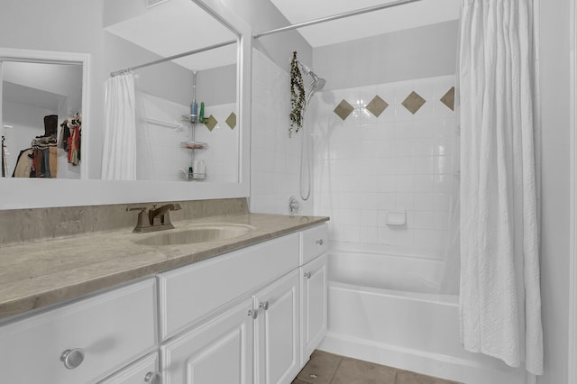 bathroom with tile patterned flooring, vanity, and shower / tub combo with curtain