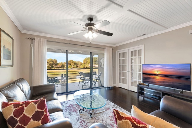 living room featuring french doors, hardwood / wood-style flooring, ceiling fan, and crown molding