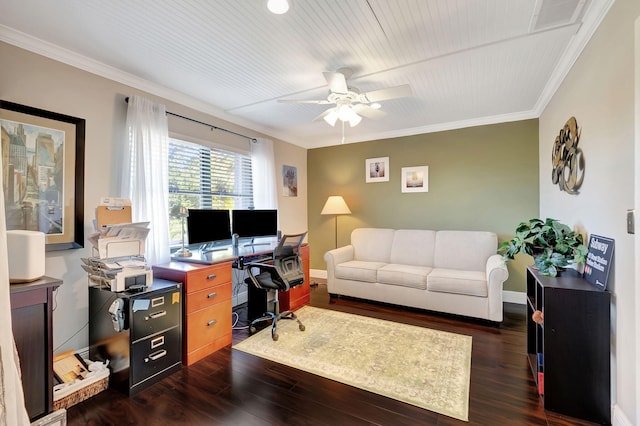 office space with ceiling fan, dark hardwood / wood-style flooring, and ornamental molding