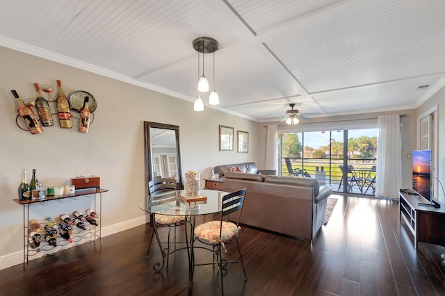 living room with ceiling fan, crown molding, and dark wood-type flooring