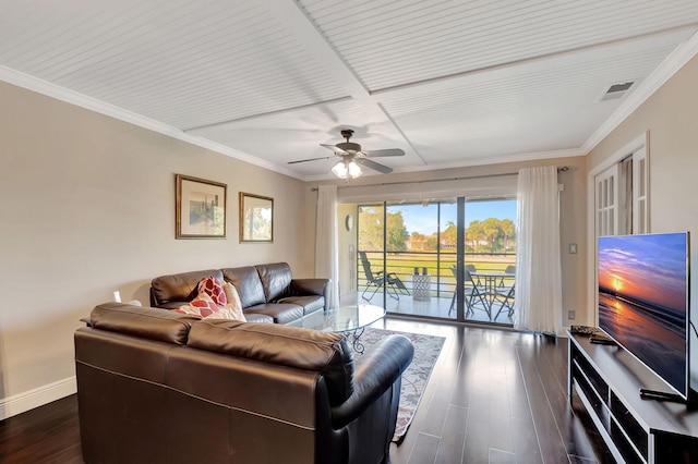 living room with ceiling fan, dark hardwood / wood-style flooring, and ornamental molding