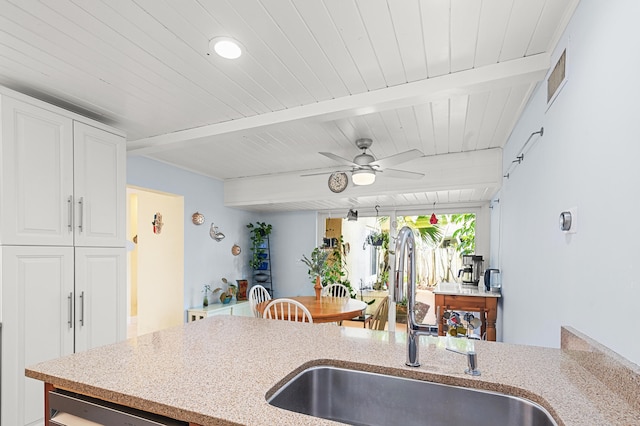 kitchen featuring white cabinets, ceiling fan, sink, and beamed ceiling