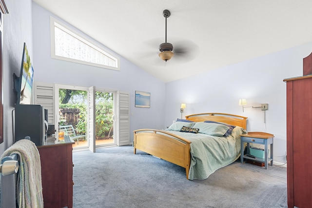 bedroom featuring access to exterior, carpet flooring, high vaulted ceiling, and ceiling fan