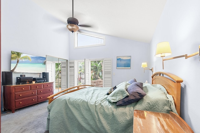 bedroom featuring ceiling fan, carpet flooring, and high vaulted ceiling