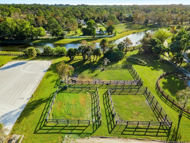 bird's eye view featuring a water view and a rural view