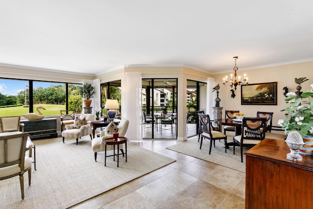 living room with crown molding and an inviting chandelier