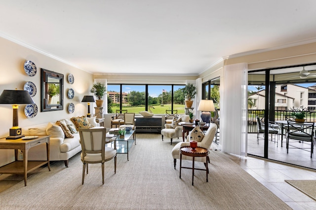 tiled living room featuring ornamental molding