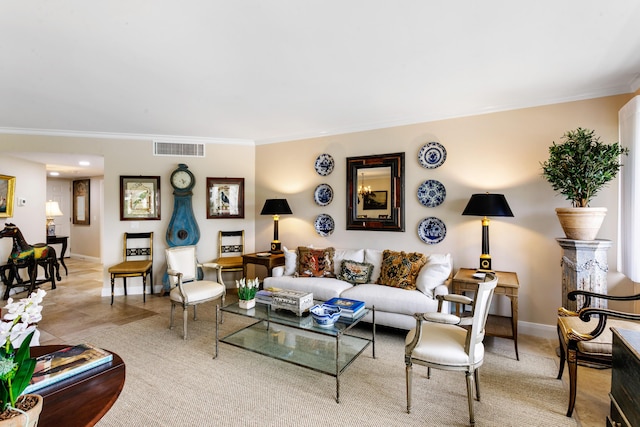 living room with crown molding