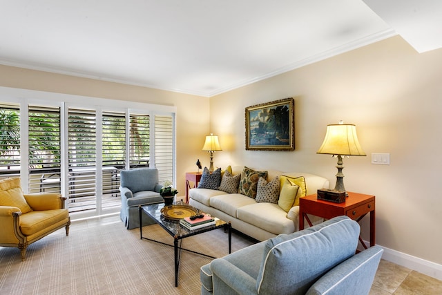 tiled living room with crown molding