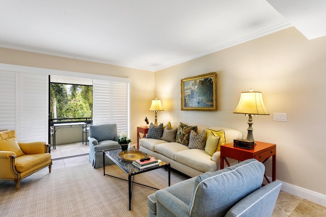 tiled living room featuring ornamental molding