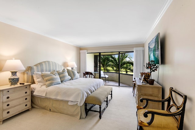 carpeted bedroom with access to outside and crown molding