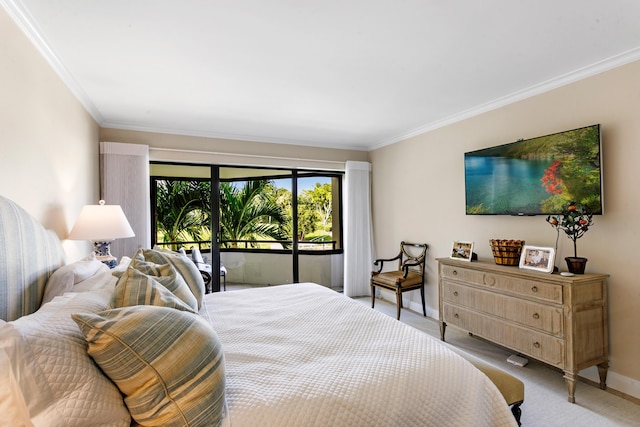 bedroom with light colored carpet, access to exterior, and ornamental molding