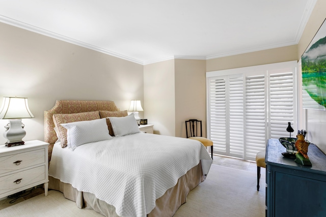 bedroom with light colored carpet and ornamental molding