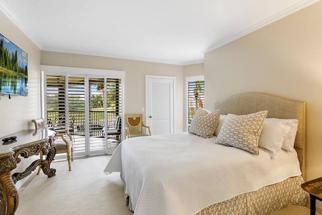 bedroom featuring access to outside, a closet, light colored carpet, and ornamental molding