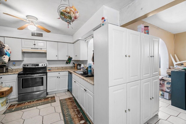 kitchen with light stone countertops, ceiling fan, black dishwasher, white cabinetry, and stainless steel range with electric cooktop