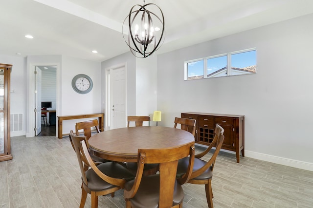 dining area with a chandelier, light wood-style flooring, recessed lighting, visible vents, and baseboards