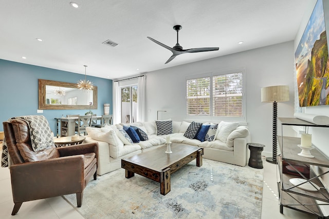 living room featuring ceiling fan