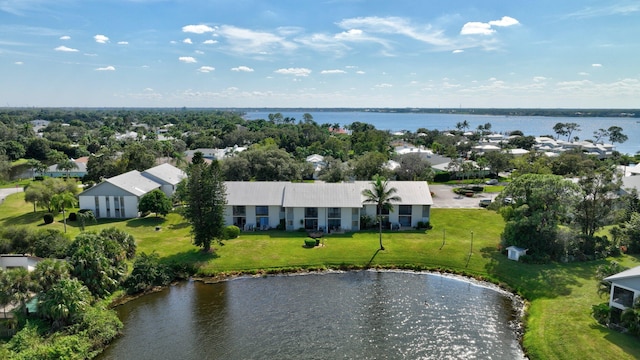 drone / aerial view with a water view