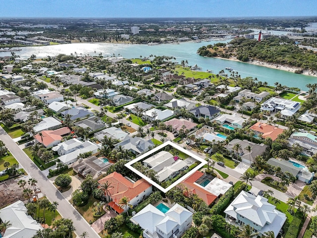 aerial view featuring a water view