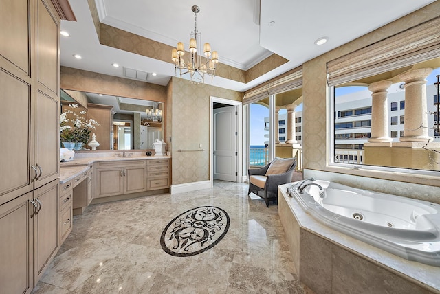 5310 N Ocean Dr Unit Ph-1201, Singer Island, FL 33404 - bathroom featuring baseboards, wallpapered walls, an inviting chandelier, a whirlpool tub, and ornamental molding