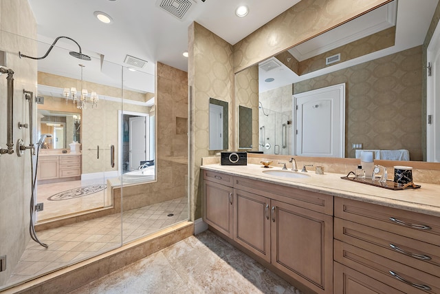 5310 N Ocean Dr Unit Ph-1201, Singer Island, FL 33404 - full bathroom with a stall shower, two vanities, visible vents, and a sink
